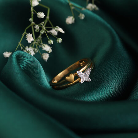 Golden Heart of Glittering Butterfly Gold Ring
