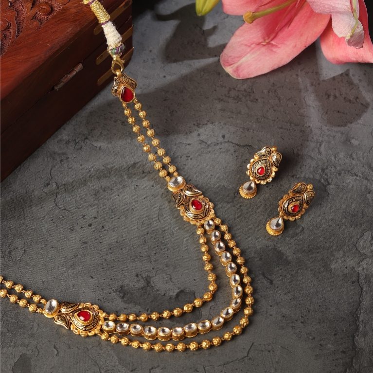 Aura of Sparkling Red Stones Lahri Necklace Set